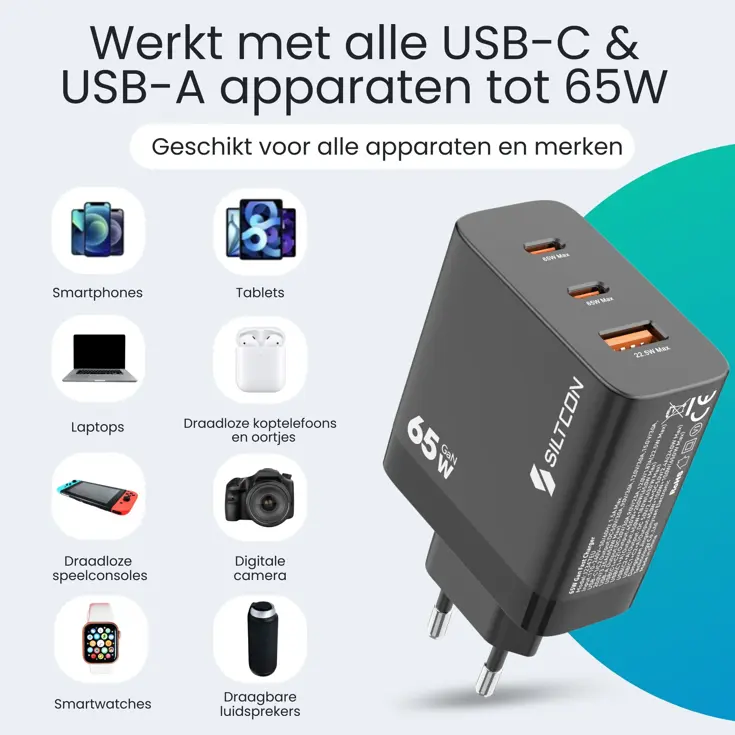 Snellader - 65W GaN - 3 Poorten