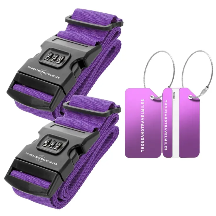 Kofferset 4-delig kofferriem + bagagelabels Paars