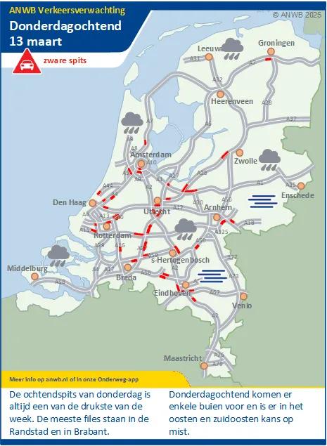 Donderdagochtend een drukke spits met buien en kans op mist.