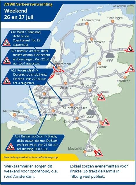 Verkeersverwachting weekend 26 - 27 juli: Werkzaamheden en evenementen kunnen vertraging geven.