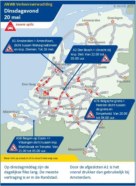 Verkeersverwachting dinsdagmiddag / -avond 20 mei: Een drukke / zware spits. Meeste vertraging in de Randstad. En door de afgesloten A1 drukker bij Amsterdam.
