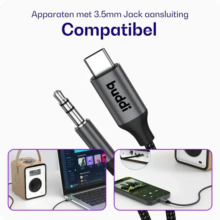 Flex USB-C naar 3.5mm Jack Aux Audiokabel 3M