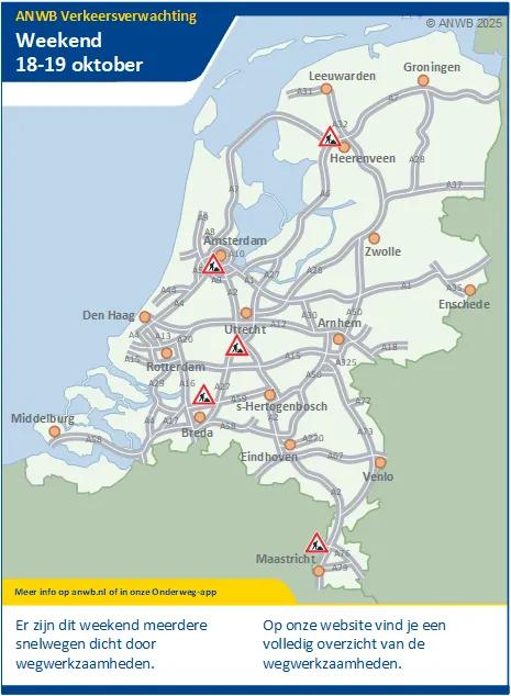 Verkeersverwachting weekend 18-19 oktober: Drukte mogelijk door wegwerkzaamheden, recreatieverkeer en grenscontroles.