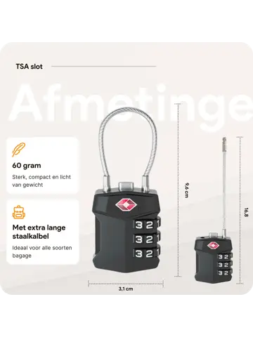 TSA slot met staalkabel voor bagage – 2 stuks