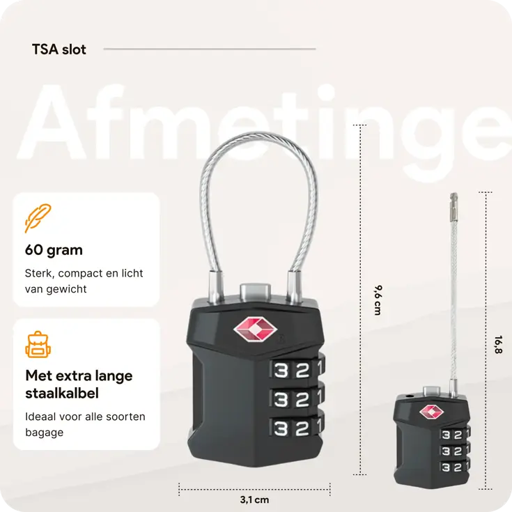 TSA slot met staalkabel voor bagage – 2 stuks