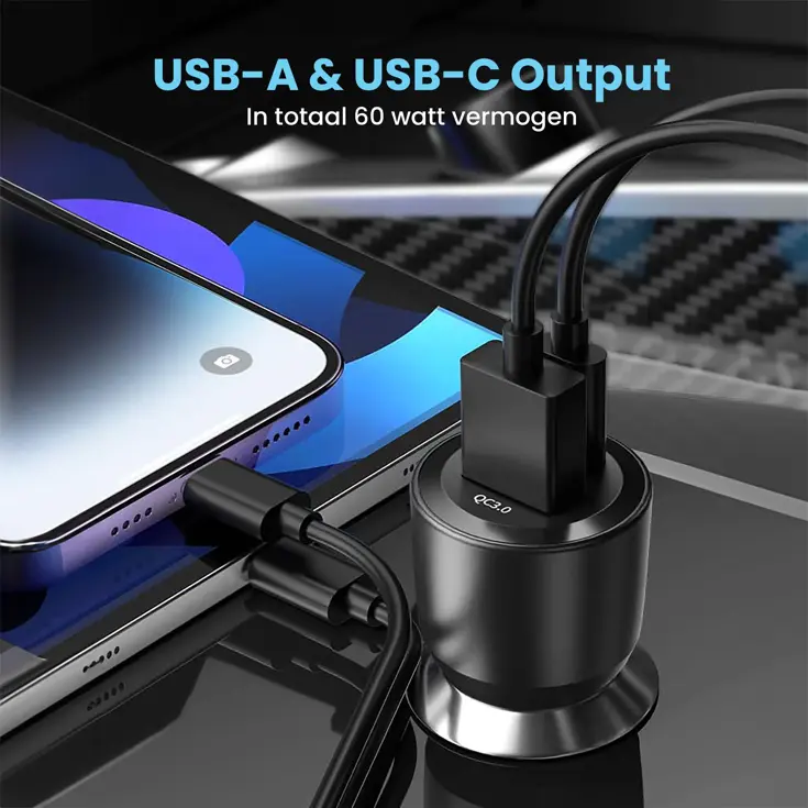 60W Autolader USB-C & USB-A Power Delivery