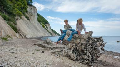 denemarken_mons klint_strand-krijtrosten-kinderen-boomstam-zee_getty