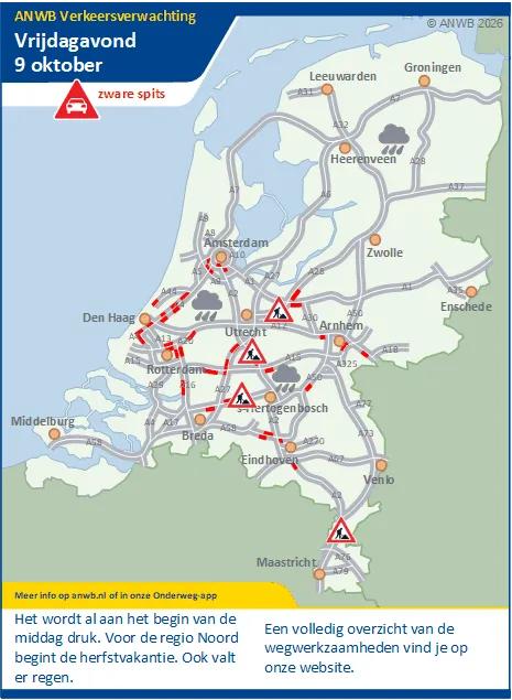 Vrijdagmiddag wordt het vroeg druk. Er vallen buien en in de regio Noord start de herfstvakantie.
