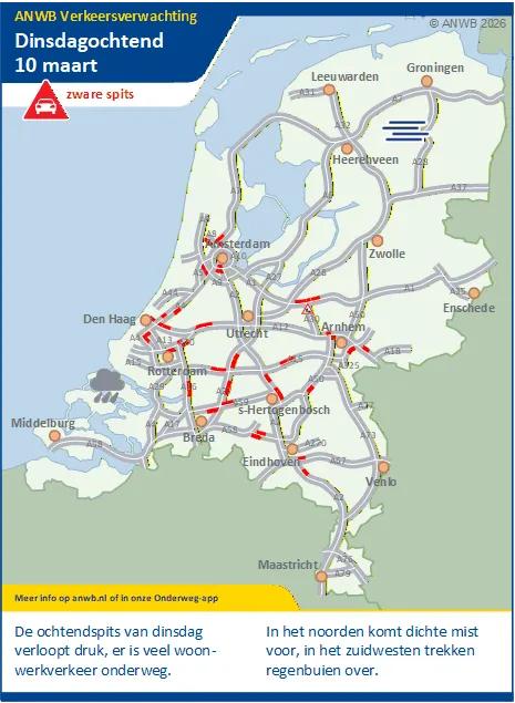 Dinsdagochtend een drukke (zware) spits met in het noorden mist en in het zuidwesten regen.