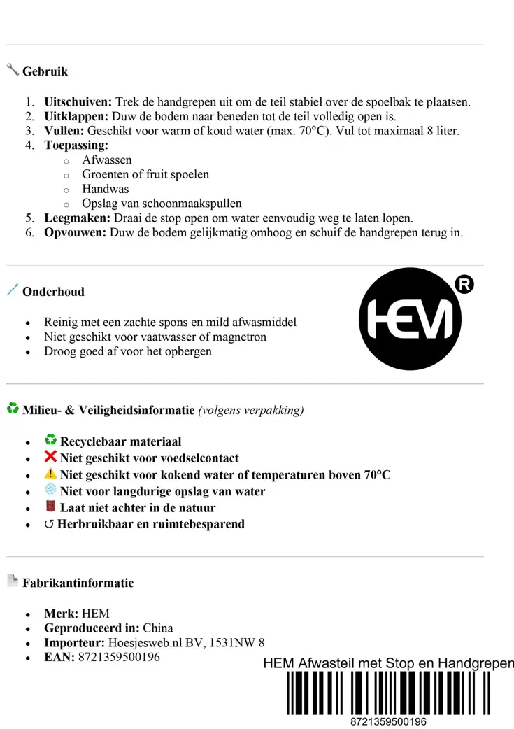 Opvouwbare Afwasteil 8L Met Stop -