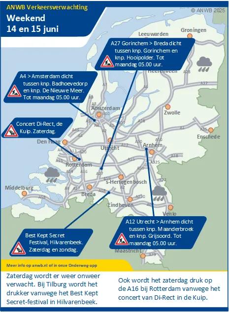 Verkeersverwachting weekend 14 -15 juni: Kans op drukte door werkzaamheden en evenement. Zaterdag kans op onweer.