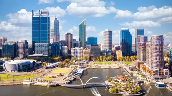 Top view of perth city and harbour from drone with blue sky.