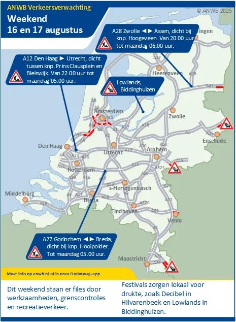 Verkeersverwachting weekend 16-17 augustus: Vertraging door werkzaamheden, grenscontroles en recreatieverkeer (evenementen).