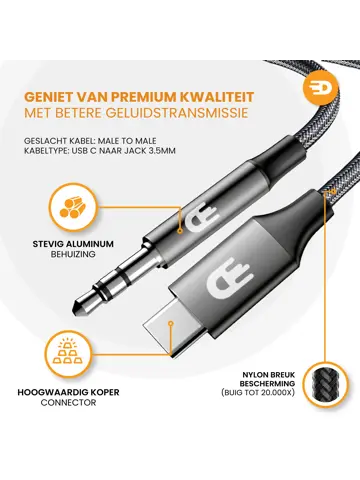 Drivv. USB C Naar AUX Kabel - Nylon - 1 Meter