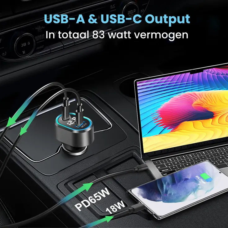 83W Autolader USB-C 65W LED Spanningsmeter