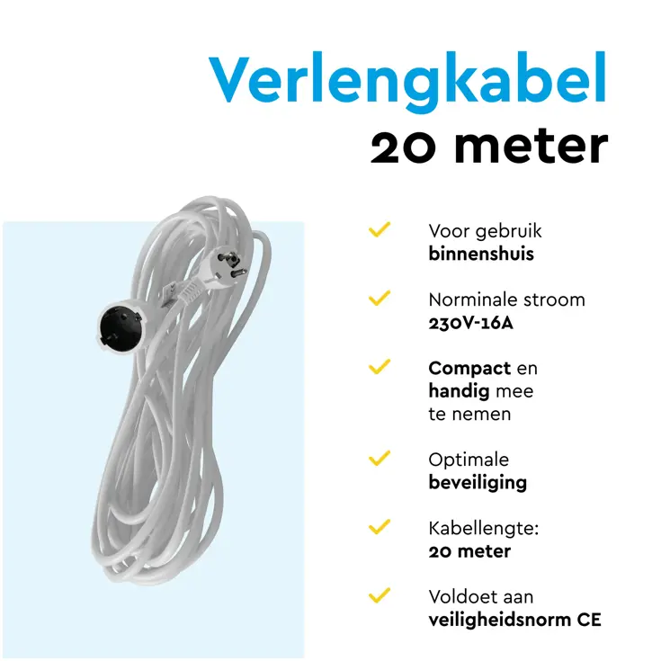 Verlengsnoer 20 m met randaarde voor binnen