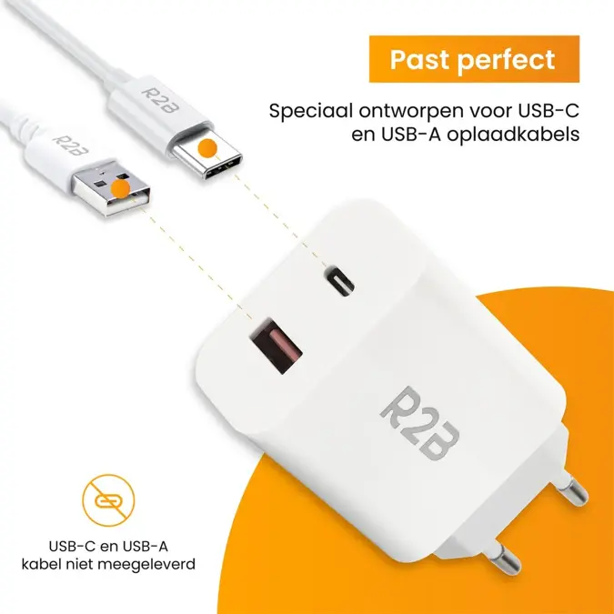 R2B Krachtige 20W USB A & USB C Adapter Wit