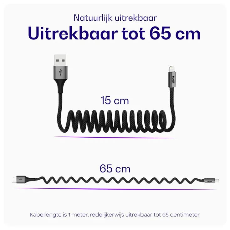 Flex USB-A naar Lightning Krulsnoer 1M Zwart