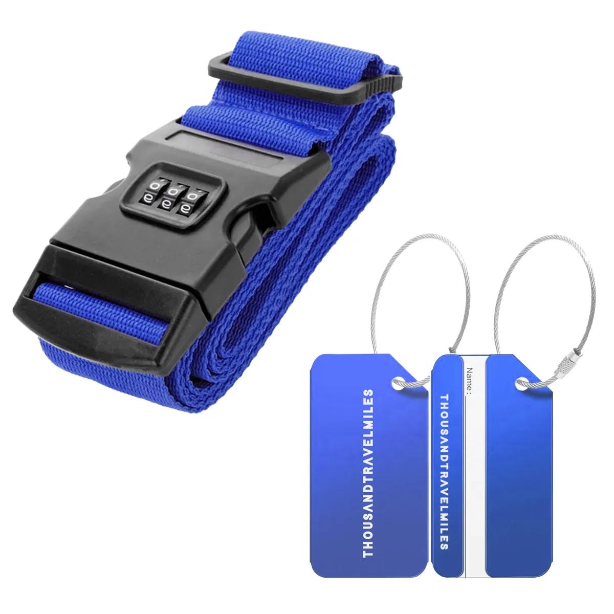 Thousandtravelmiles  Kofferriem + 2 Bagagelabel  3-delig  Blauw  Blauw