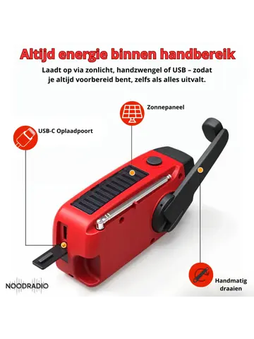 Noodradio® Solar Powerbank Opwindbaar Rood