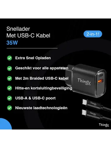Snellader 35W USB-A & USB-C Met Kabel