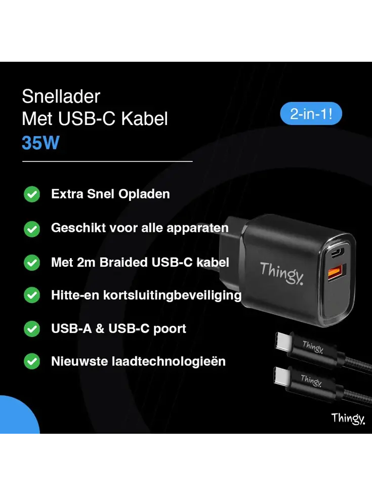 Snellader 35W USB-A & USB-C Met Kabel