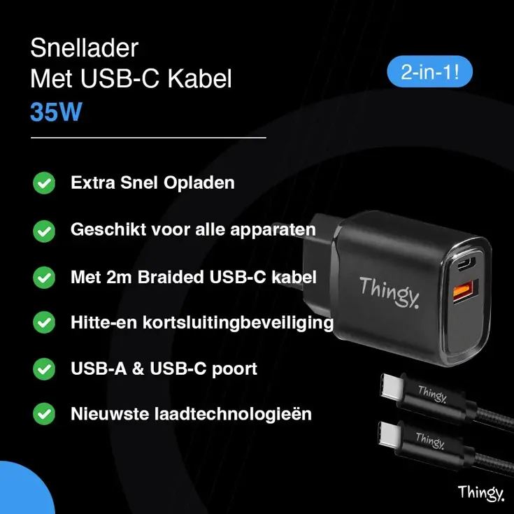 Snellader 35W USB-A & USB-C Met Kabel