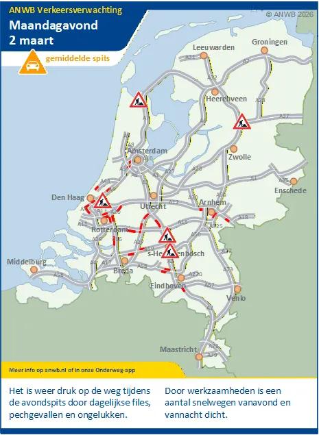 Maandagmiddag/-avond een drukke, gemiddelde spits. In de avond en nacht zijn er snelwegen dicht door werkzaamheden.