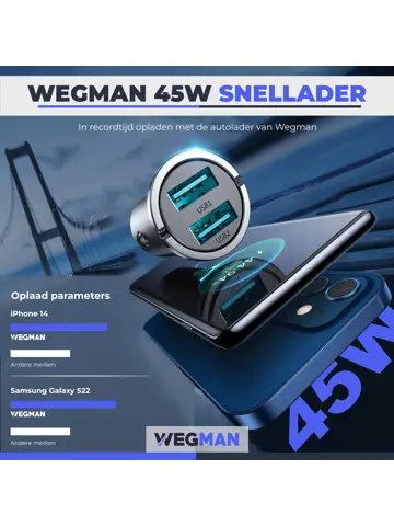 Wegman Autolader 45W 2x USB A Snellader