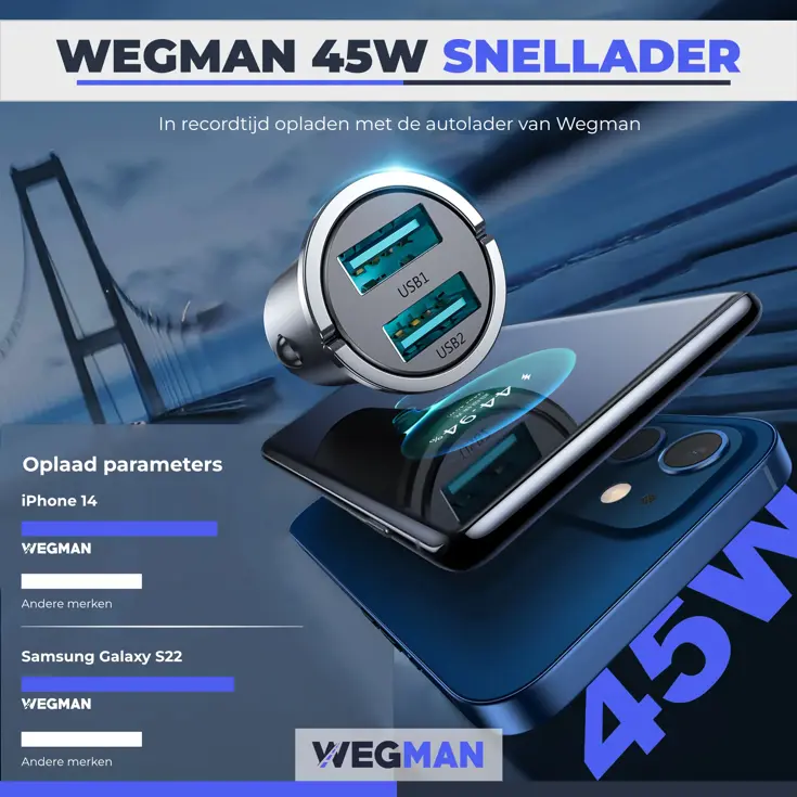Wegman Autolader 45W 2x USB A Snellader