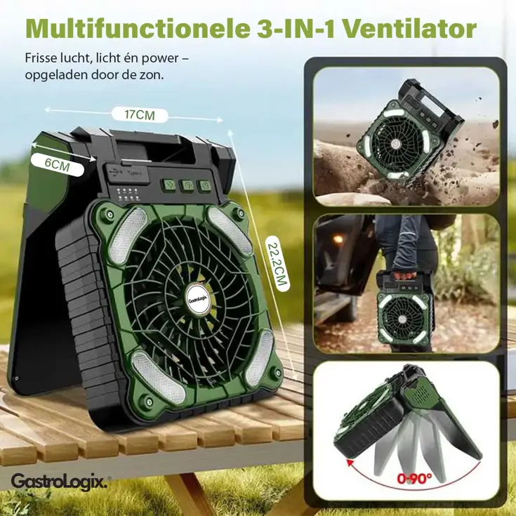 3-in-1 Zonnepaneel Powerbank Ventilator Groen