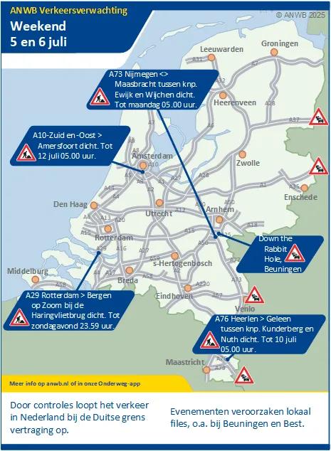 Verkeersverwachting weekend 5 - 6  juli: Vertraging mogelijk door werkzaamheden, grenscontroles en evenementen.