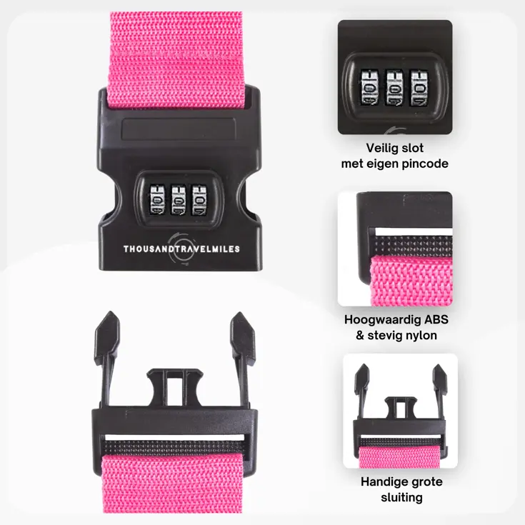 Kofferriem met cijferslot 180 cm – Roze