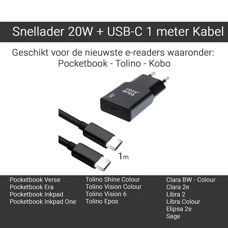 Ereader Oplader - GaN 20w + 1 Meter Type C Kabel