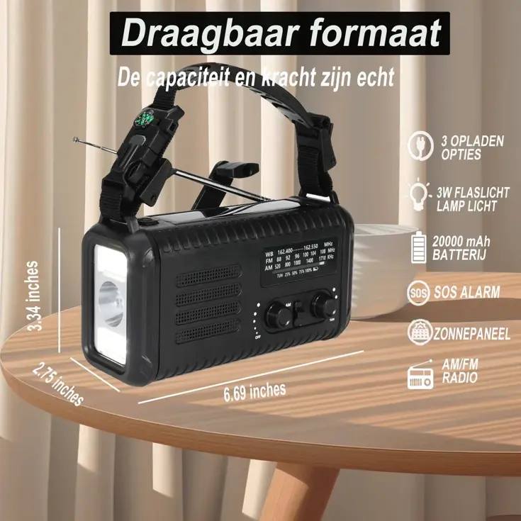 NoodRadio Solar Opwindbaar - FM/AM - 20.000mAh