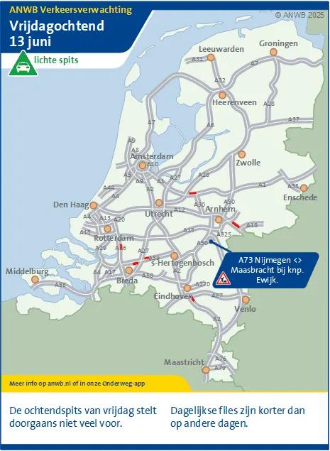 Verkeersverwachting: Vrijdagochtend 13  juni een lichte spits. Er wordt weinig drukte verwacht.