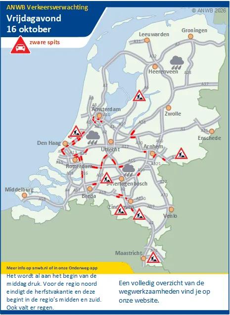 Vrijdagmiddag/-avond een drukke spits. In de regio Noord eindigt de herfstvakantie in de regio's Midden en Zuid start de herfstvakantie.