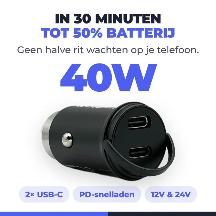 40W Autolader 2 USB-C - Oplader Auto 12/24V