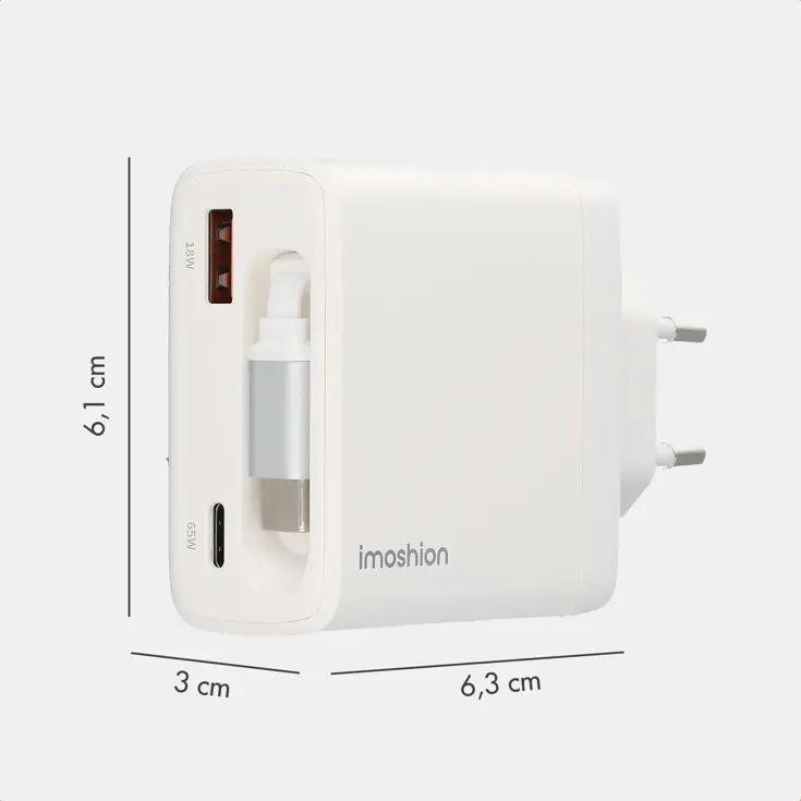 65W Oplader uittrekbare USB-C kabel USB-A + USB-C