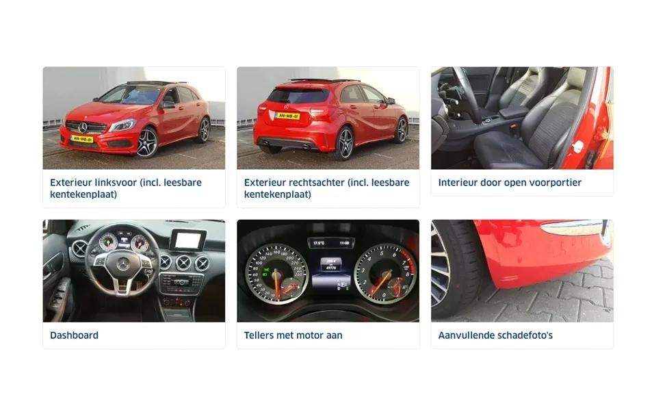 Voorbeeld foto's van een auto: exterieur linksvoor; exterieur rechtsvoor; interieur; dashboard; tellers met motor aan; schade