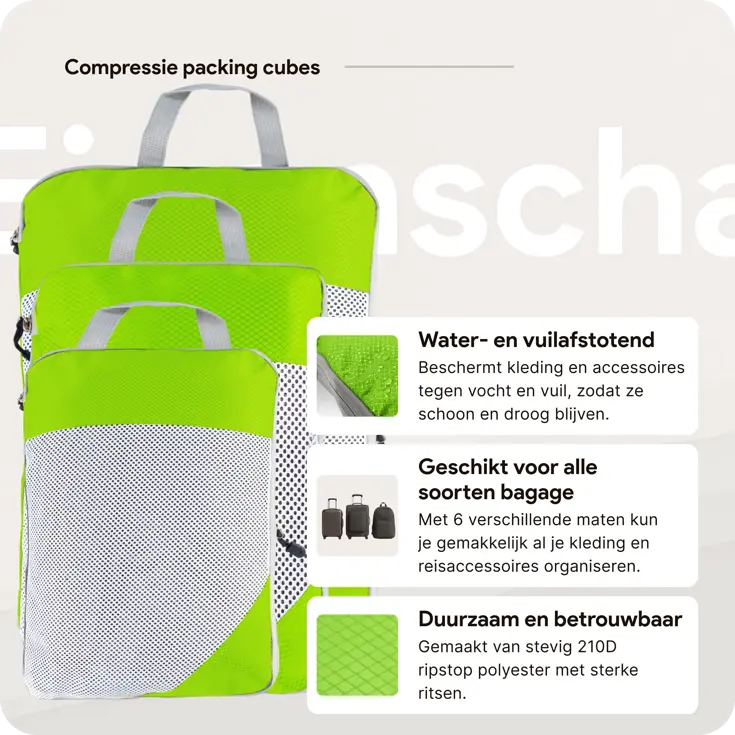 Packing cubes compressie set – 6-delig – Groen