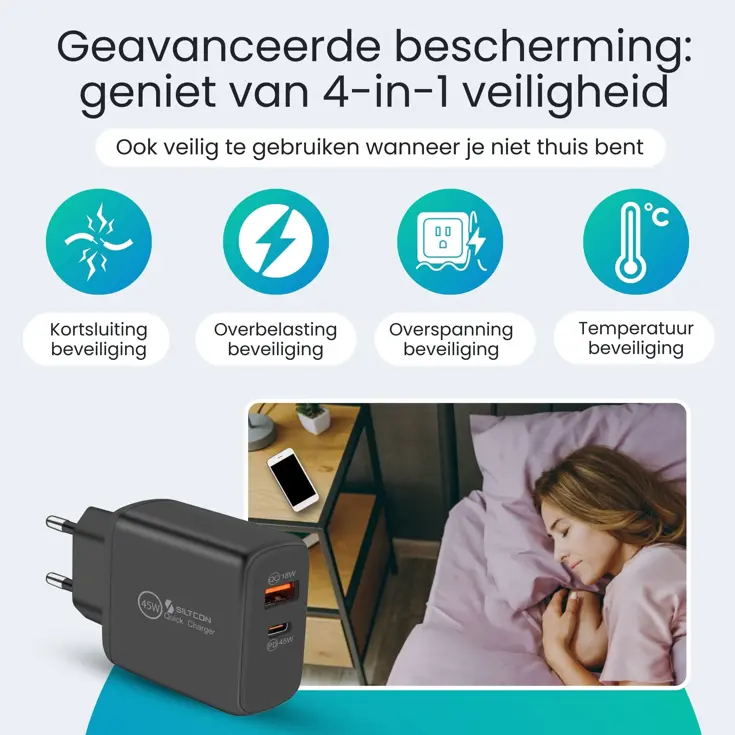 USB-C Snellader - 45W + USB-A 18W - 2m