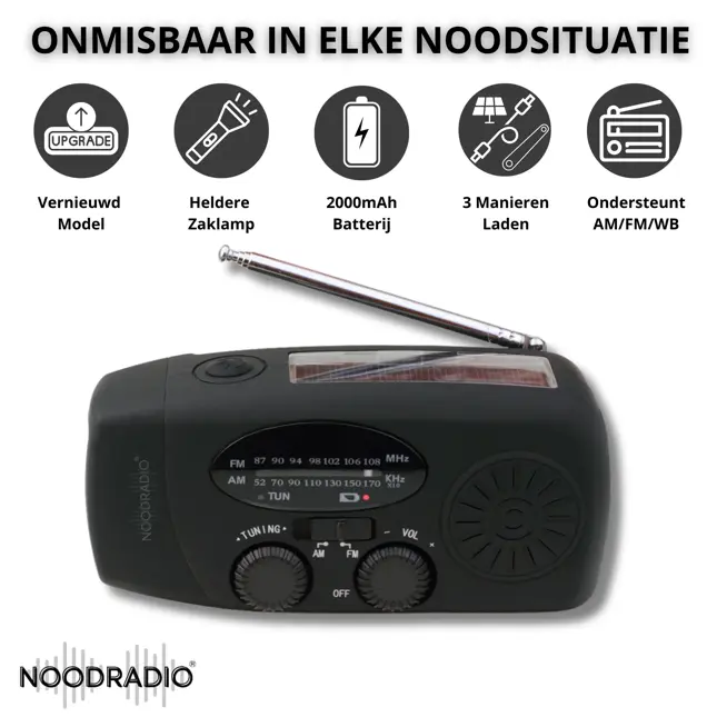 Noodradio® Solar Powerbank Opwindbaar Zwart