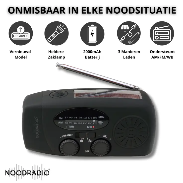 Noodradio® Solar Powerbank Opwindbaar Zwart