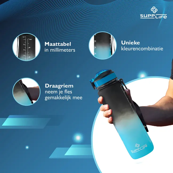 Nederlandse Motivatie Waterfles - Blauw Zwart - 1L
