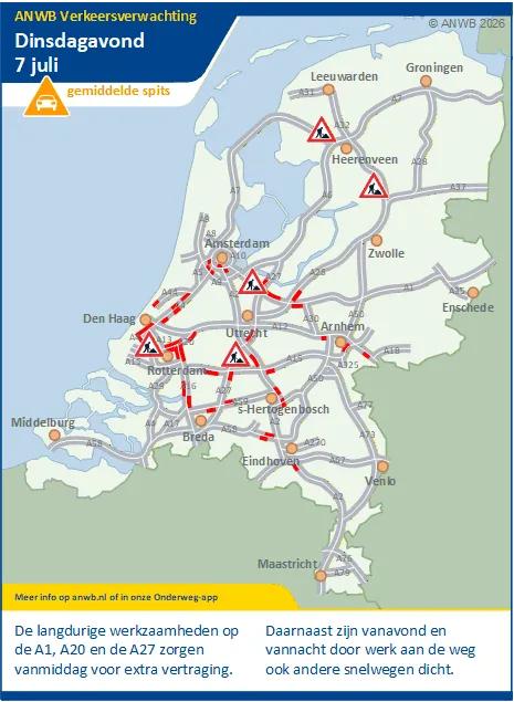 Dinsdagmiddag/-avond een gemiddelde spits. Werkzaamheden zorgen voor extra vertraging.