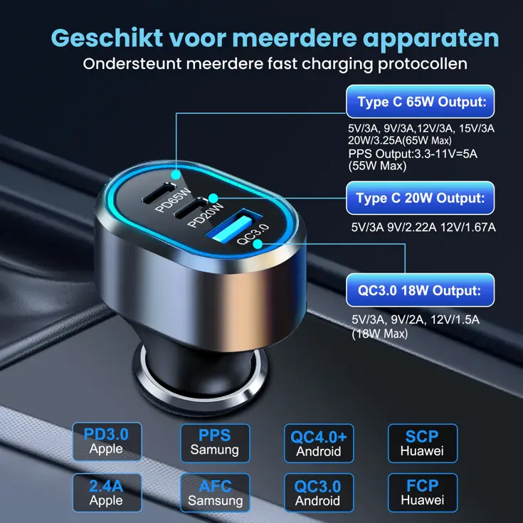 103W Autolader Snellader met 3 USB Poorten
