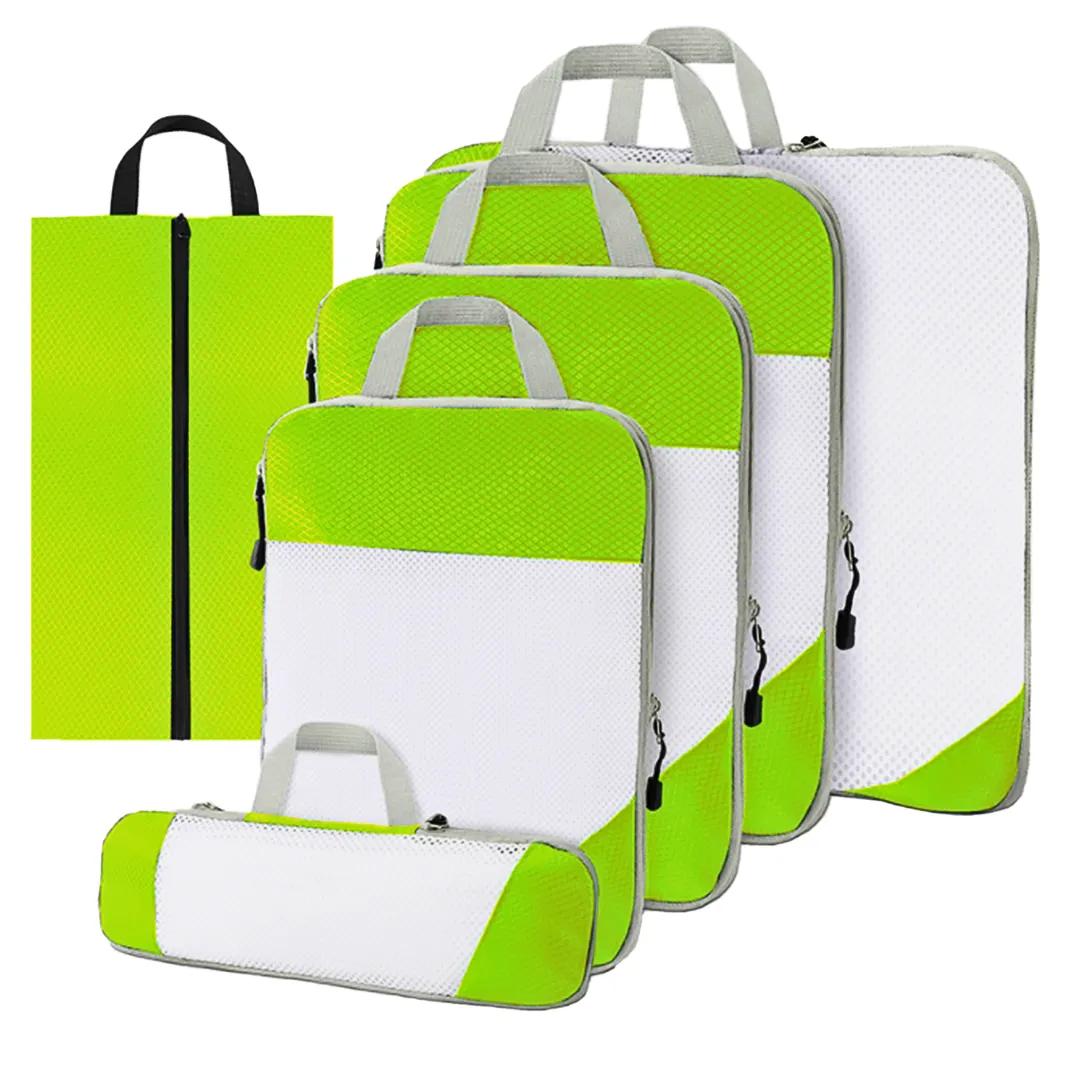 Compressie Verpakking Kubussen Set voor Carryon Travel-Lichtgewicht Duurzame Bagage Organizer Tassen van TRIPPED Travel Gear (6 stuks, Wit/Groen