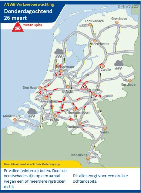 Donderdagochtend een drukke/zware spits met (winterse) buien.