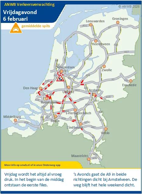 Vrijdagmiddag/-avond een gemiddelde spits die vroeg begint.